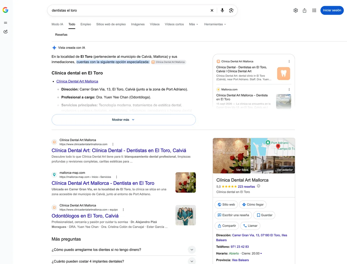 Resultados de Google para «dentistas el toro»: Clínica Dental Art aparece en la vista creada con IA, en el primer resultado orgánico y con su ficha destacada en el panel de la derecha